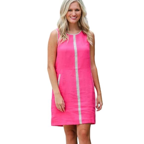 iLinen Bright Pink Sleeveless Linen Shift Dress With Gold Trim Size XS - Picture 1 of 8